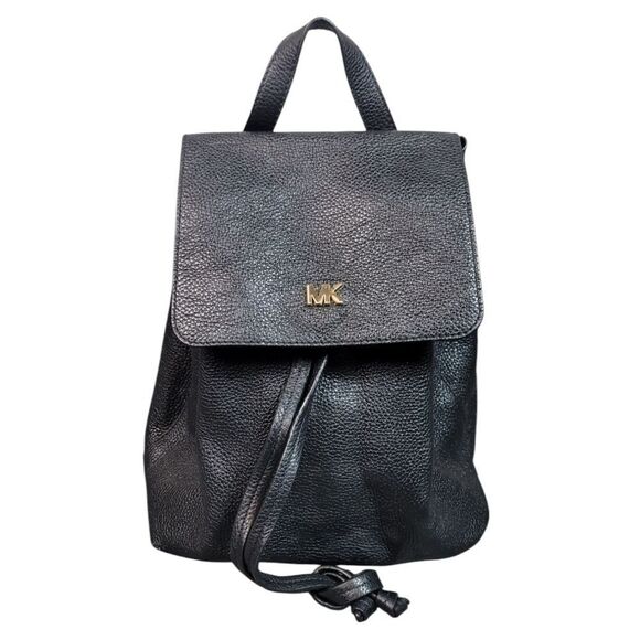 Michael Kors Junie Flap Medium Black Pebble Leather Backpack Handbag Goldl Logo